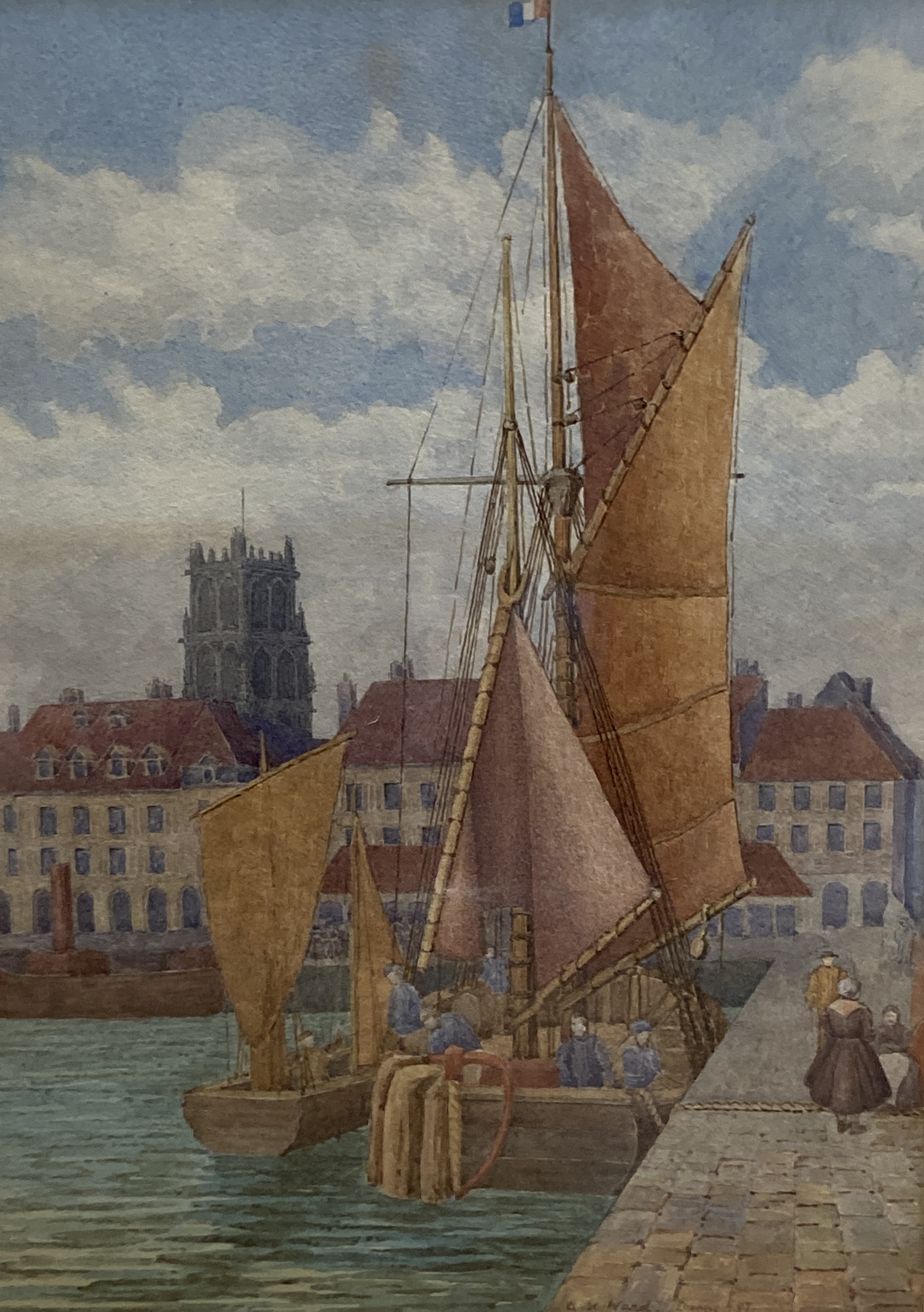 Evelyn Bishop, gouache, Coastal landscape, signed, 23 x 56cm and a watercolour of Dieppe harbour by A.K. Ward (18)97, 33 x 24cm